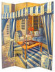 Wooden 4 Panel Room Divider with Outdoor Patio Scene, Multicolor