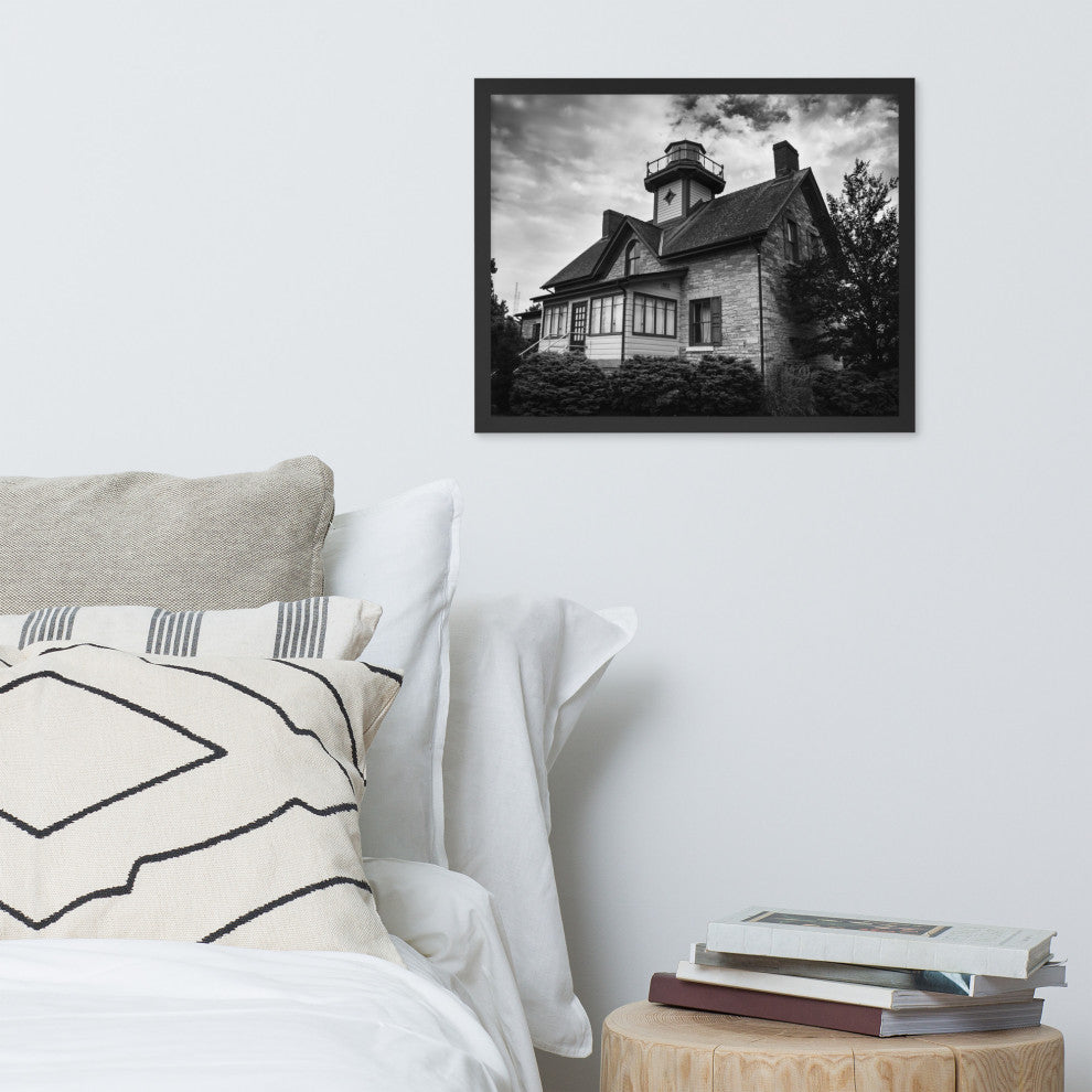 Cedar Point Lighthouse in Black and White Framed Photo Paper Wall Art Prints, Black, 16" X 20"