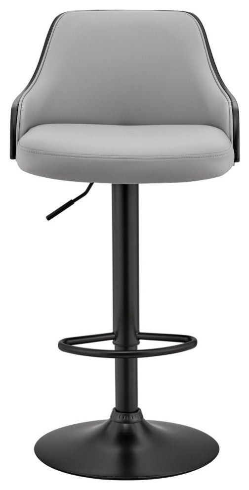 Asher Adjustable Faux Leather and Metal Bar Stool, Gray and Black