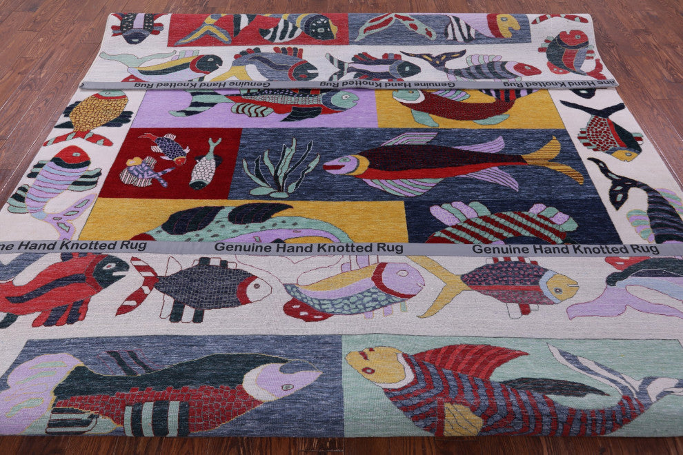 8' 11" X 12' 3" Gabbeh Fish Design Hand Knotted Wool Rug - Q13525