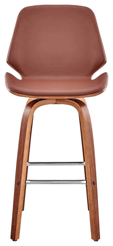 26" Brown Faux Leather Swivel Seat Wooden Bar Stool