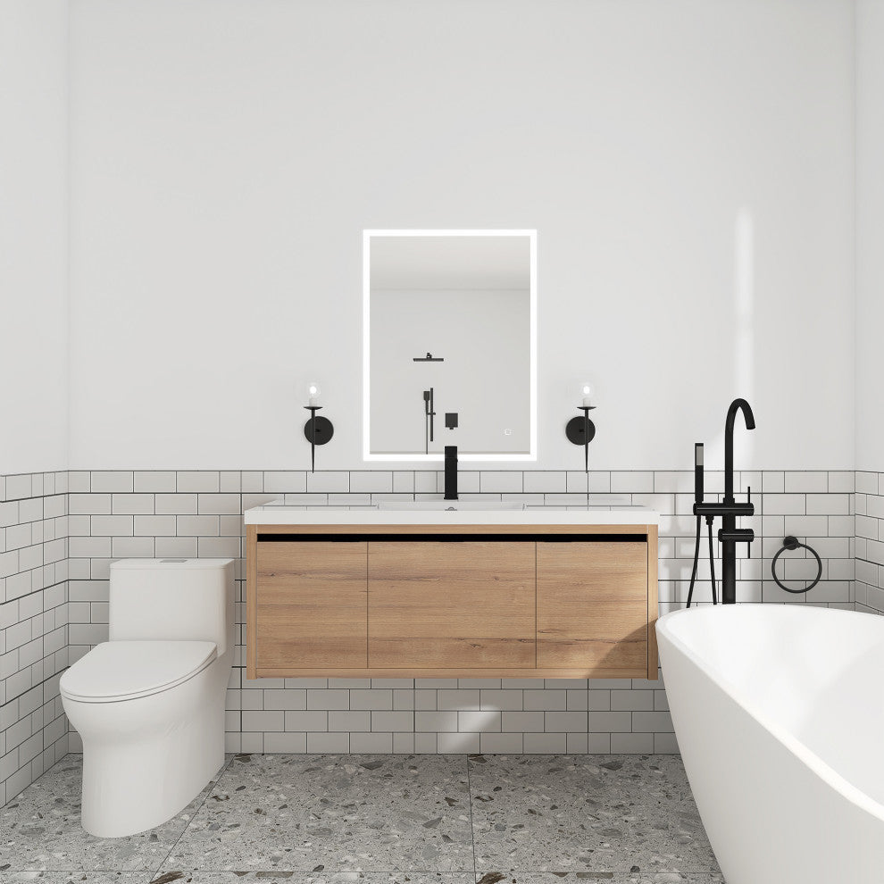 Bathroom Vanity With White Resin Top and Basin, Imitative Oak, 48x18