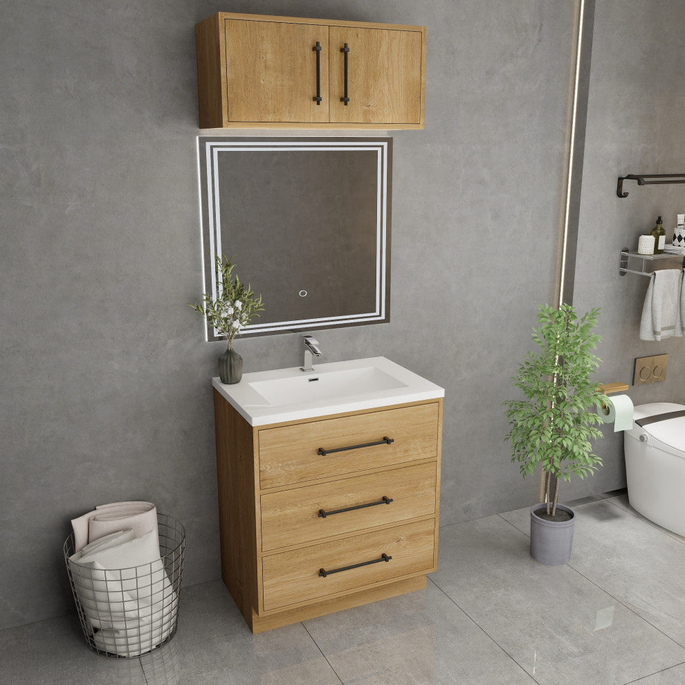 Victoria 30" Solid Wood Bath Vanity, Overhead Cabinet, Oak