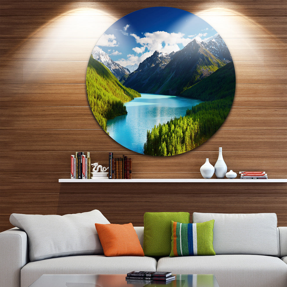 Mountain Lake In Dark Shade, Landscape Photo Round Metal Wall Art, 23"