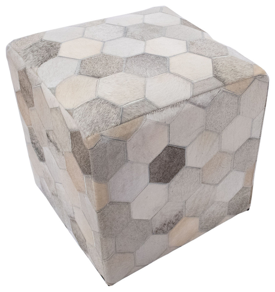 Decor Maisonette Geometric Hide Pouf Eli, Ivory, 18"