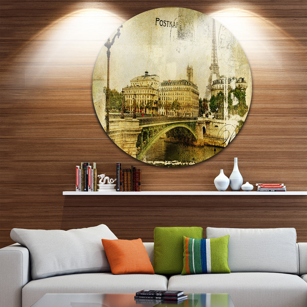 Vintage Paris, Digital Art Cityscape Disc Metal Artwork, 36"
