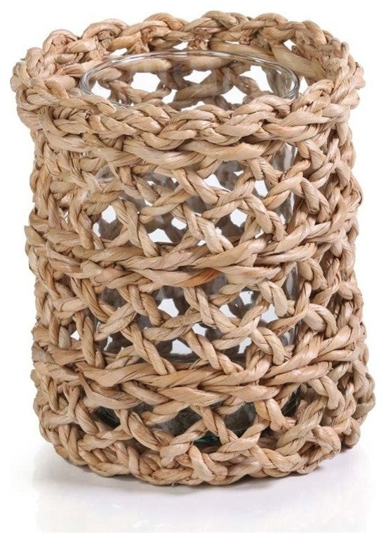 9.5" Tall Seagrass Woven Hurricane Candle Holder, Glass Insert