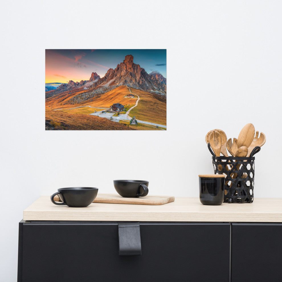 Sunset at Alpine Mountain Pass Rural Landscape Photo Wall Art Print, 12" X 18"