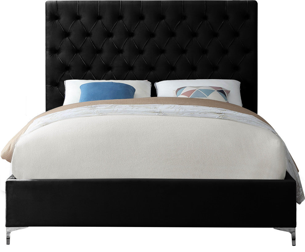Cruz Velvet Upholstered Bed, Black, Queen