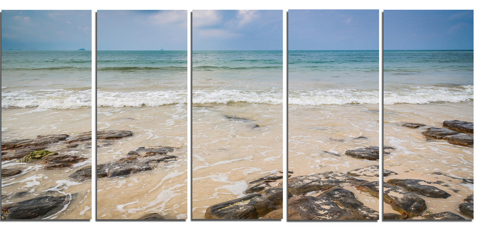 "Rocks on Typical Tropical Beach" Beach Canvas Wall Art, 5 Panels, 60"x28"