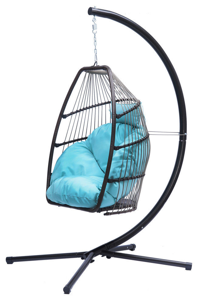 Outdoor Patio Wicker Folding Swing Chair Hanging With Bracket and Cushion Pillow