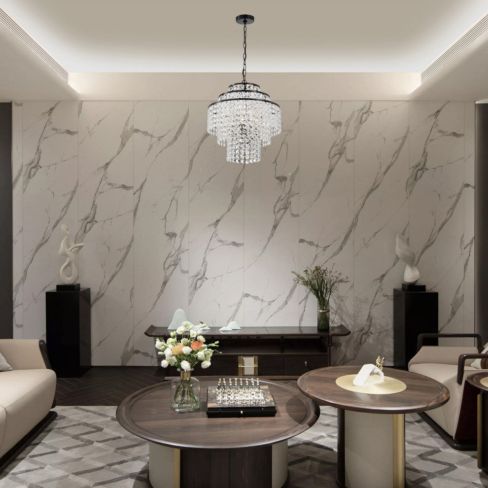 4-Light Antique Black Modern Glam Chandelier With Tier Cascading Crystals