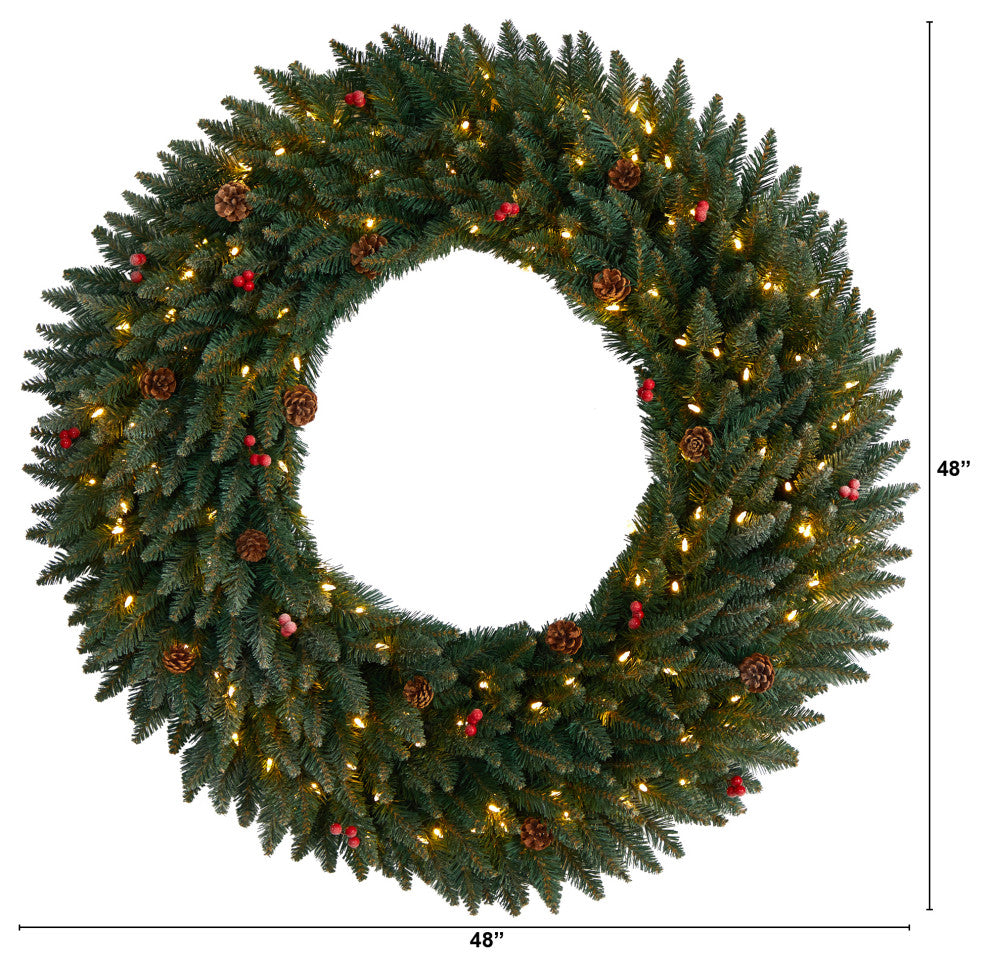 4' Large Flocked Faux Xmas Wreath W/Pinecones, Berry, Lights & Bendable Branches
