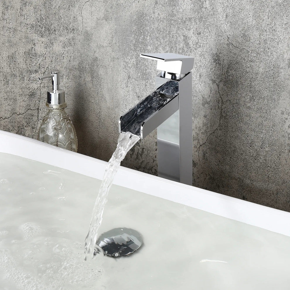 Contemporary Single Handle Waterfall Spout Bathroom Vessel Sink Faucet, Chrome