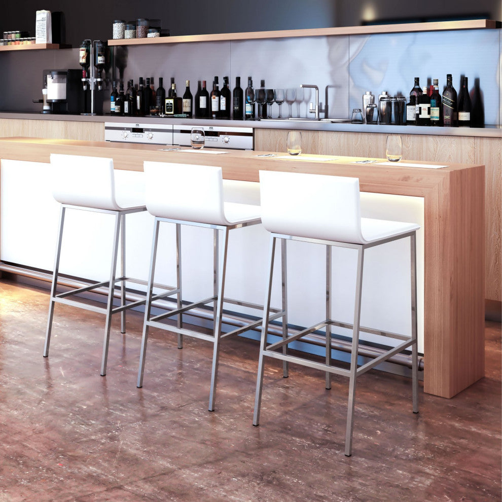 Bar Stool Chair Barstool, Set of 2, Faux Vinyl Leather, Steel, White, Silver