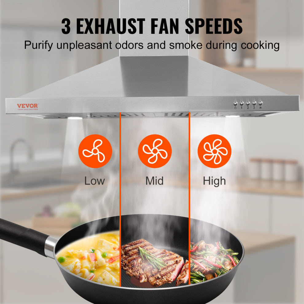VEVOR 30" Wall Mount Range Hood Ductless Kitchen Vent Stainless Steel 3 Speed