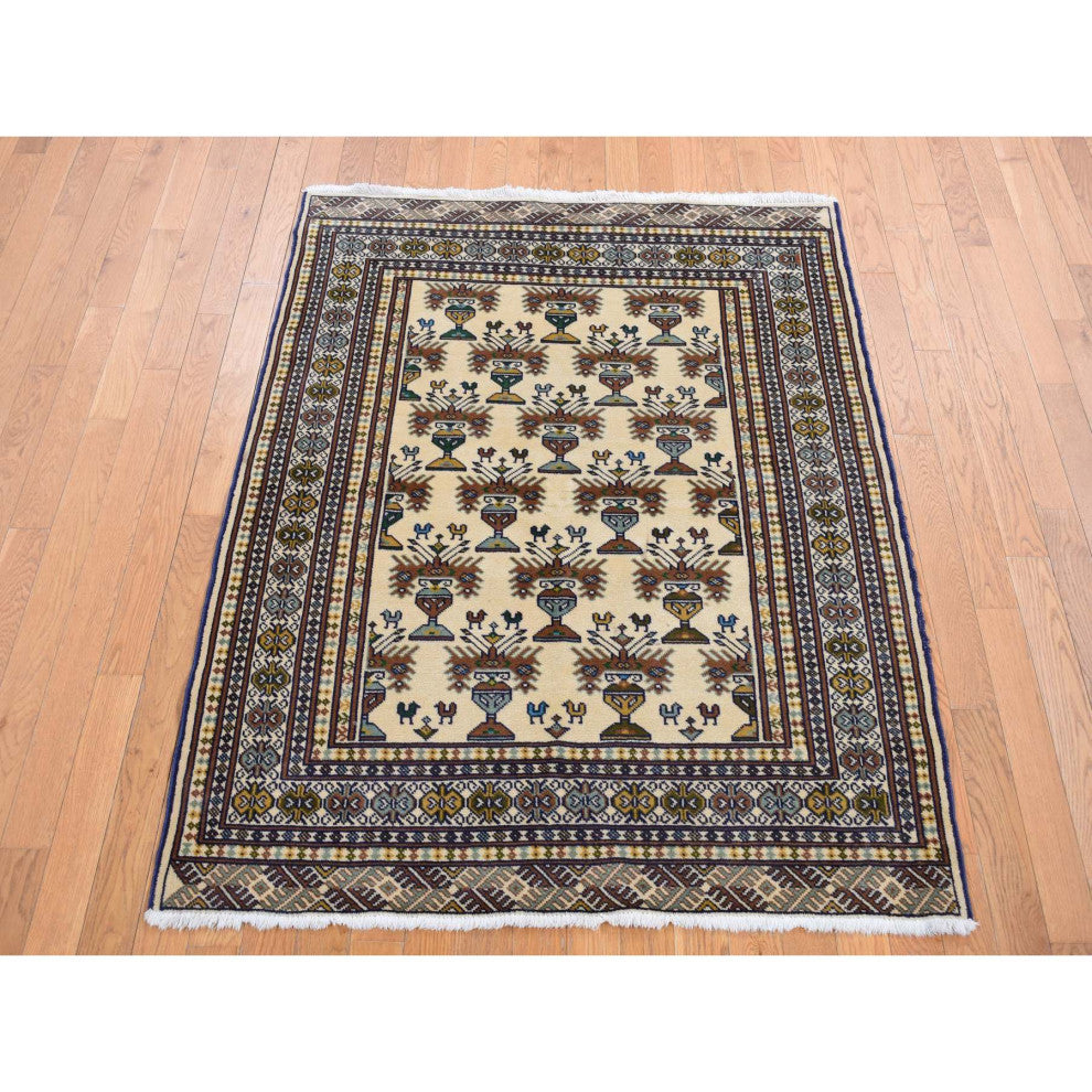 Cream Color Hand Knotted Pure Wool Turkoman Bokara Rug 4'3" x 5'7"