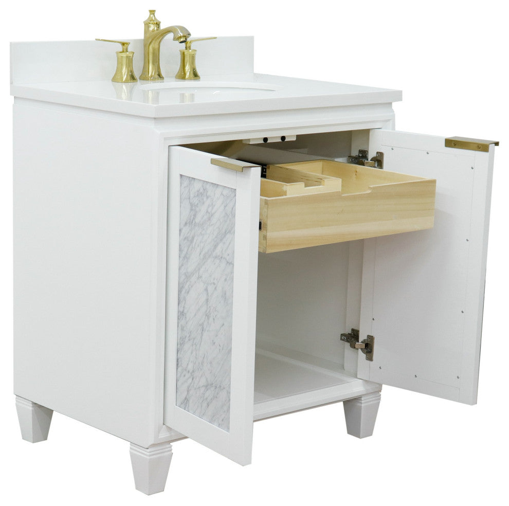 31" Single Sink Vanity, White Finish With Engineered Stone Top With Oval Sink