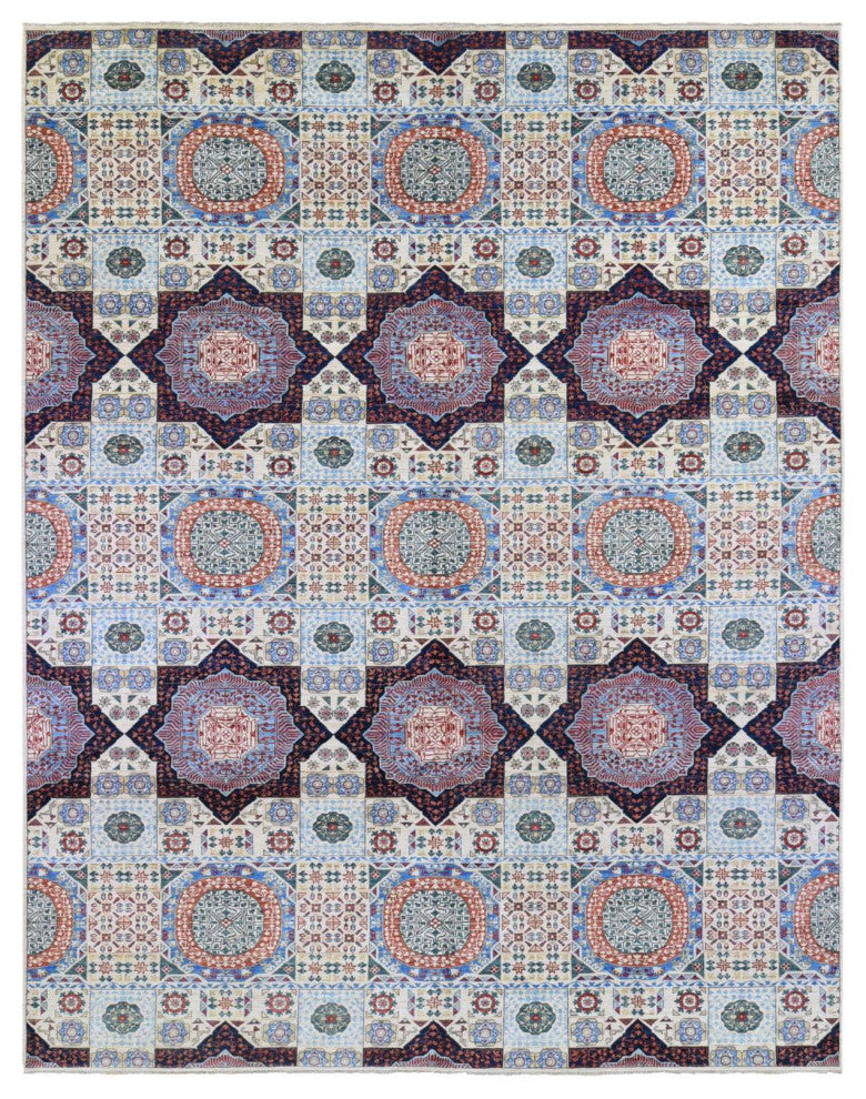 Ivory Hand Knotted Mamluk Repetitive Design, Borderless Wool Rug, 10'0" x 13'9"