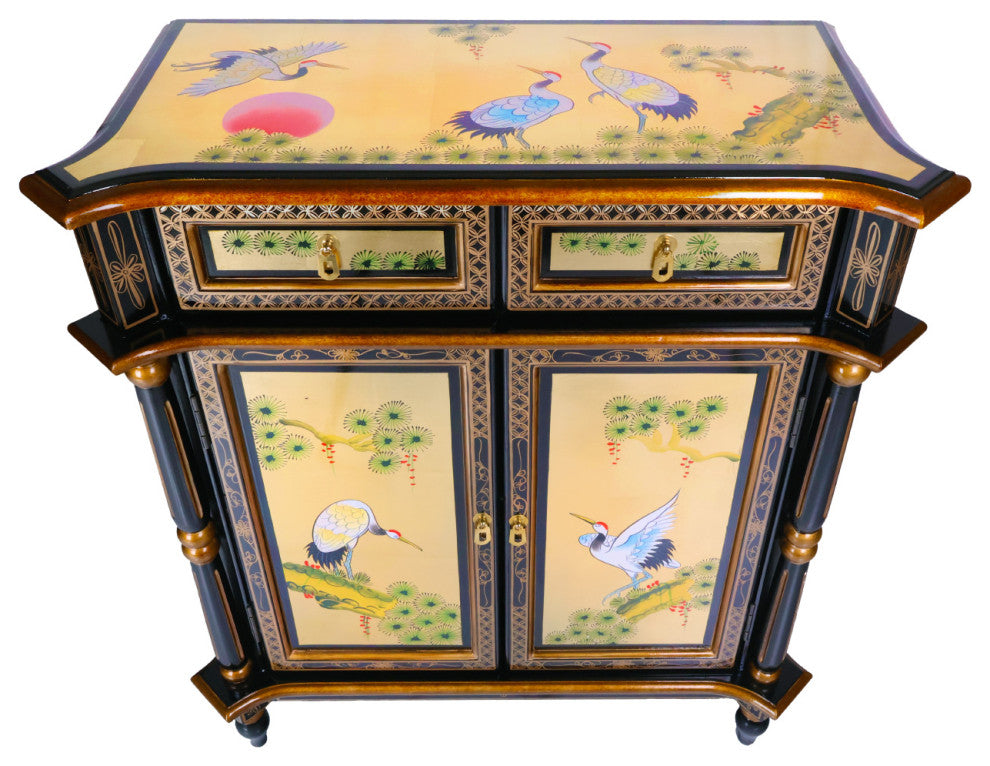 Empire Style Oriental Cabinet, Black lacquer With Gold Leaf Handpainted, 32"