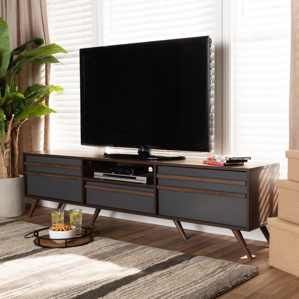 Colwyn Two-Tone Gray and Walnut Wood TV Stand With Drop-Down Compartments