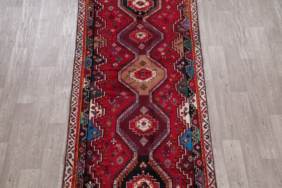 Consigned, Vintage Handmade Persian Oriental Low Pile Carpet, Red, 10'8"X3'11"