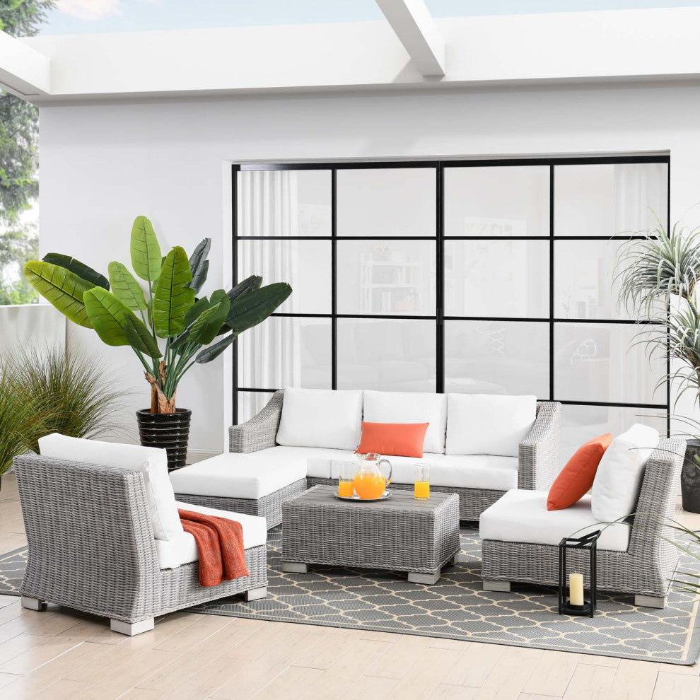 Lounge Sectional Sofa Chair Set, Rattan, Wicker, Gray White, Outdoor