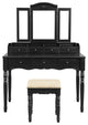 3 Piece Wooden Vanity Set with Trifold Mirror and Padded Stool, Black
