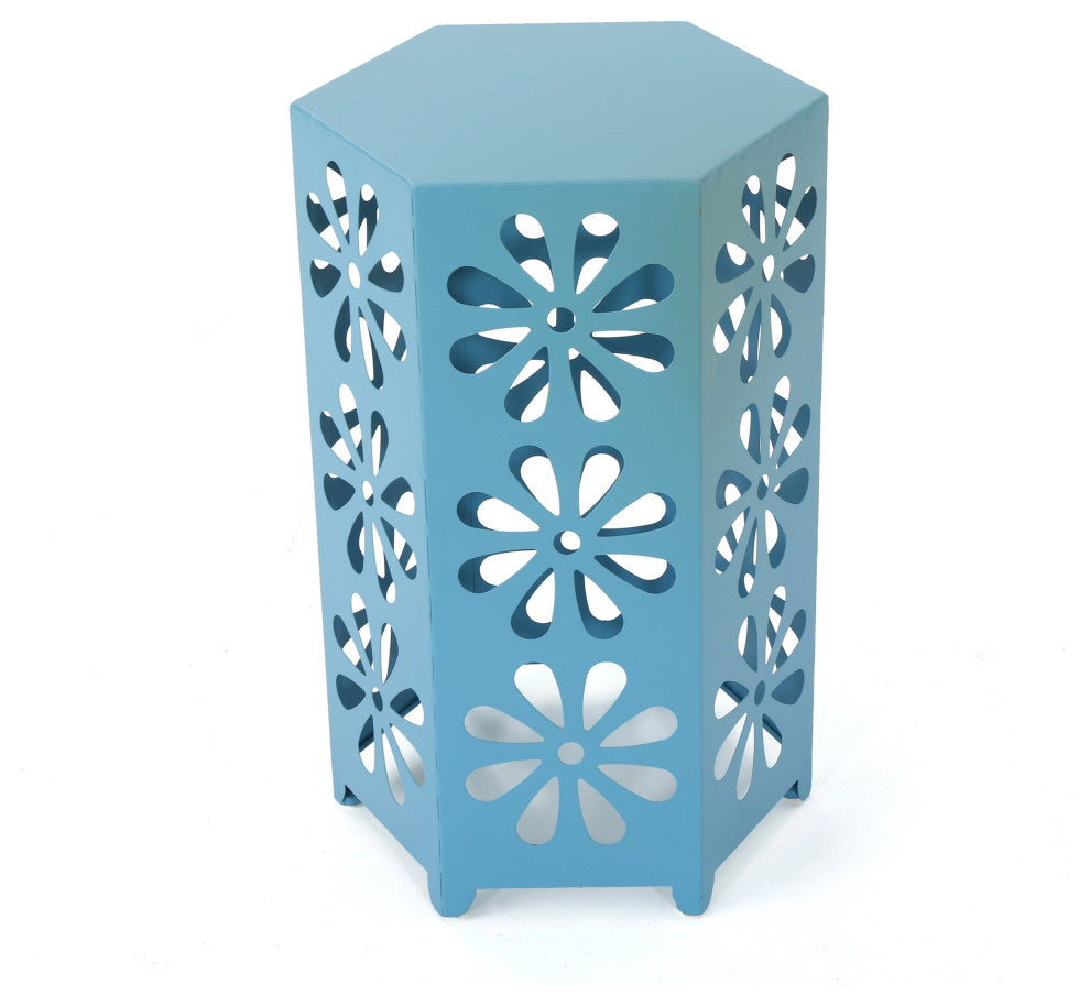 GDF Studio Girra Indoor 14" Iron Floral Side Table, Matte Blue