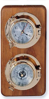 2 Instrument Brass Porthole Weather Station on Oak Wood Base