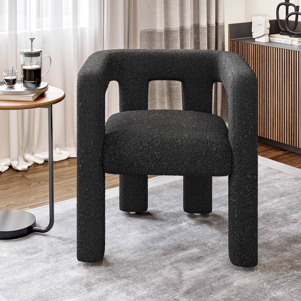 Boucle Chair, Linen Dining Chair with Barrel Sidearms and Back (Black)