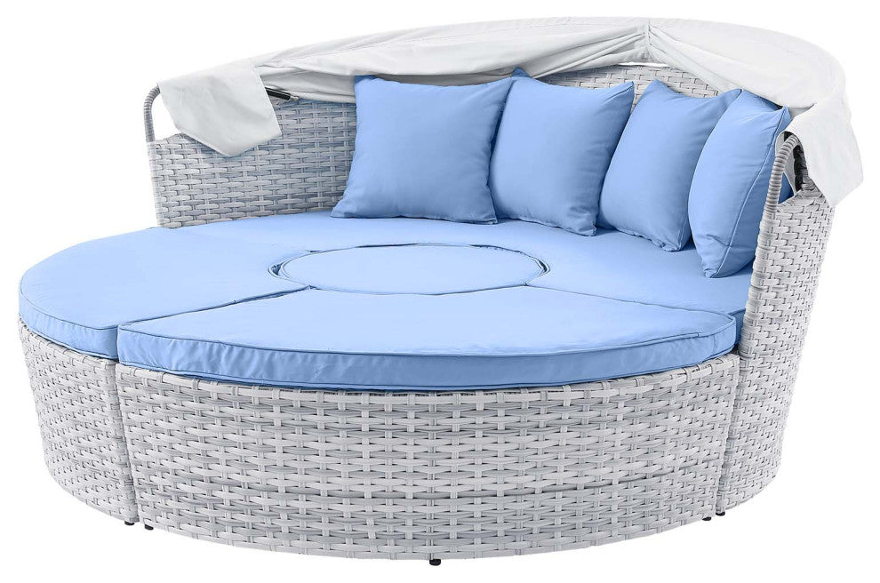 Lounge Daybed Sofa Bed, Gray Blue, Rattan, Wicker, Modern, Outdoor Patio