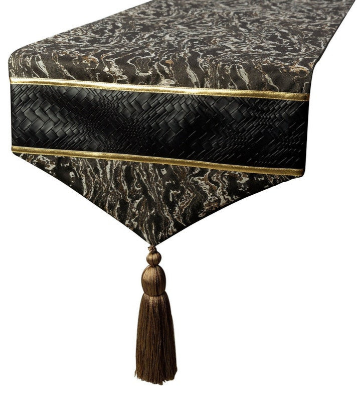 Table Runner Black Faux Leather Jacquard, Tassles Marble - Leather Runway
