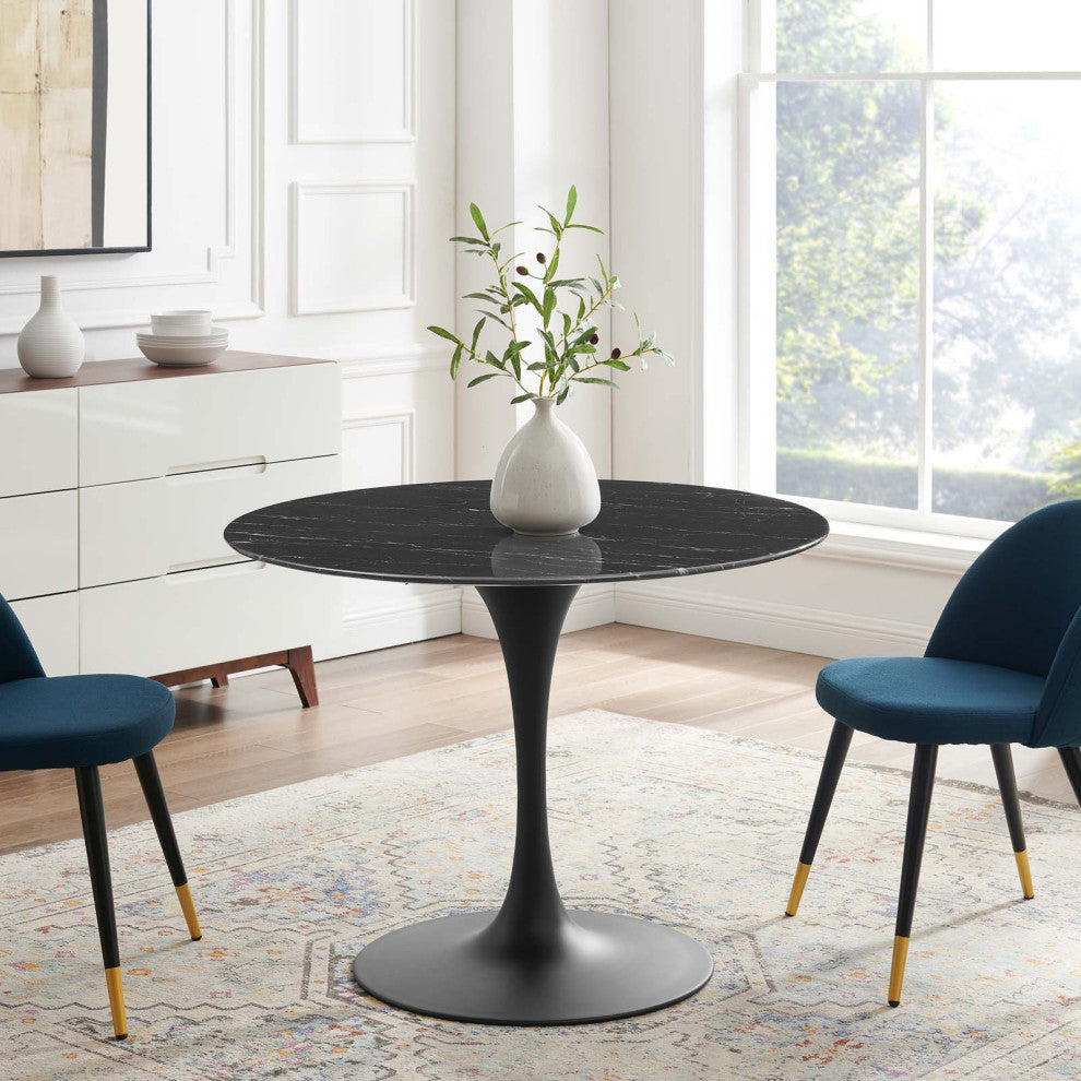 Dining Table, Round, Artificial Marble, Metal, Black, Modern, Bistro Restaurant