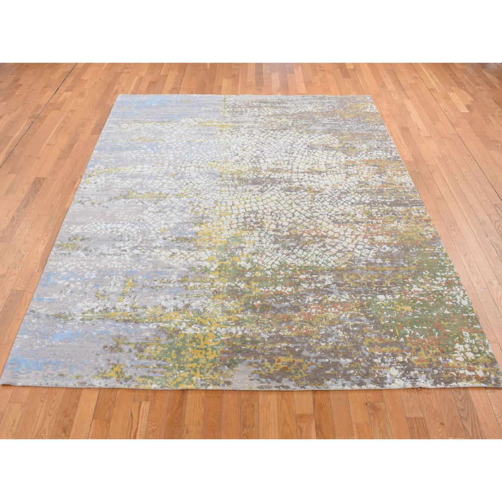 Rice White Wool and Silk Erased Roman Mosaic Design Hand Knotted Rug 8'1"x10'1"