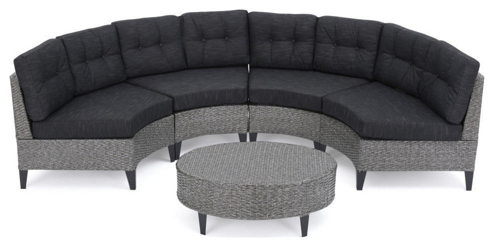 GDF Studio 5-Piece Currituck Outdoor Black Wicker Sofa, Dark Gray Set
