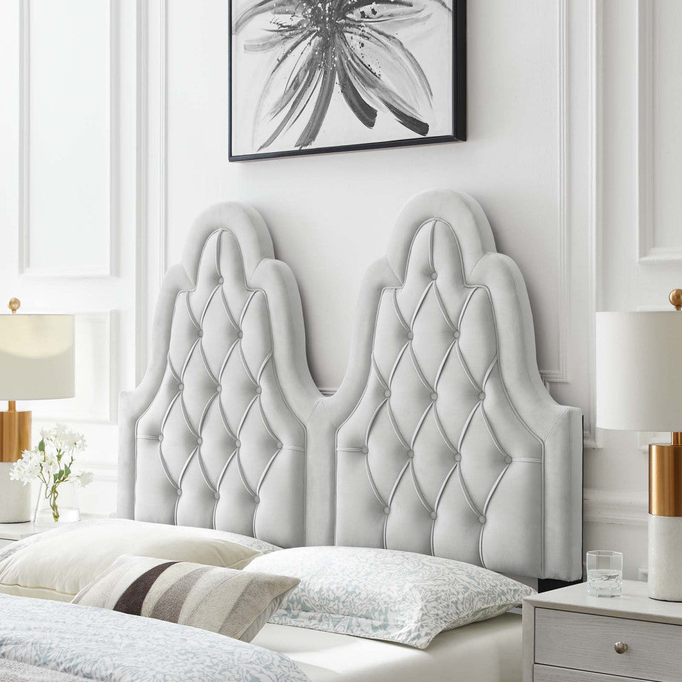 Tufted Headboard, Full Queen Size, Velvet, Light Gray, Modern Contemporary