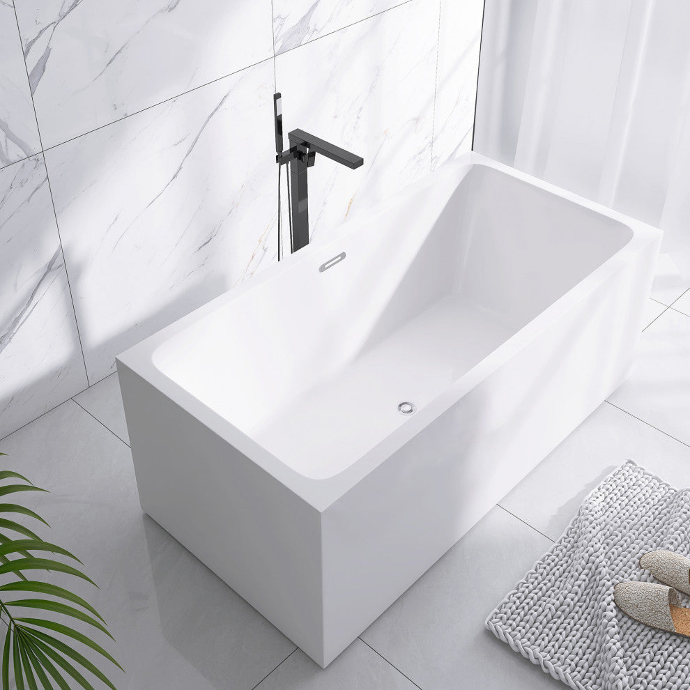 59 in. Acrylic Rectangular Flatbottom Freestanding Soaking Bathtub in White