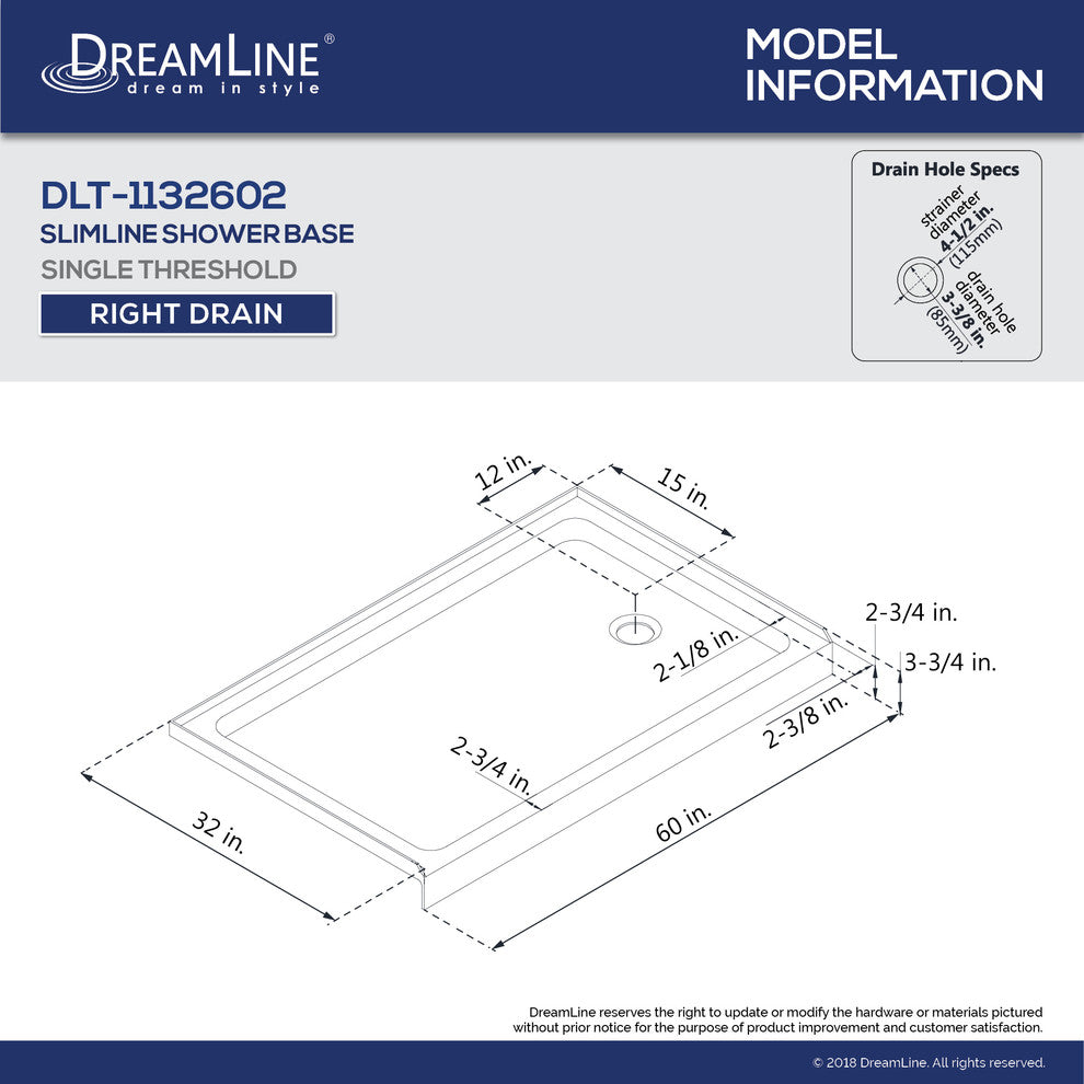 Single Threshold Shower Base, Biscuit Color, Right Hand Drain