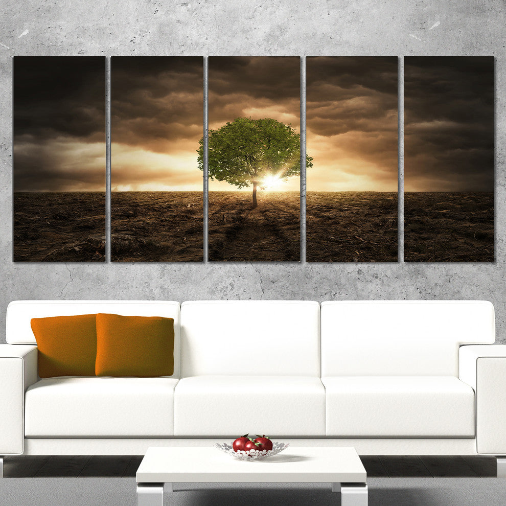 "Lonely Tree Under Dramatic Sky" Wall Art Landscape, 5 Panels, 60"x28"