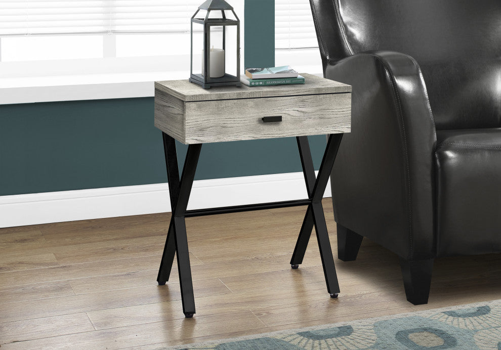 Accent Table, Lamp, Storage Drawer, Metal, Laminate, Grey, Black