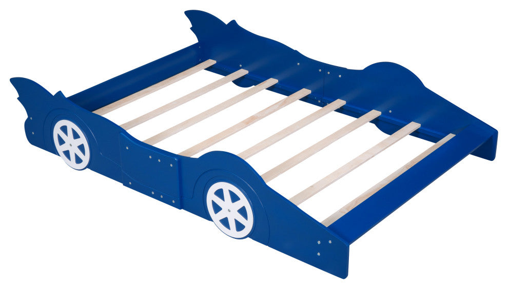 Gewnee Full Size Race Car-Shaped Platform Bed with Wheels,Blue