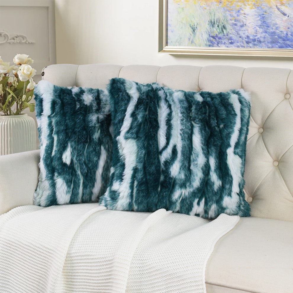 Jacquard Faux Fur Pillow Covers Set of 2, Deep Teal, 26'' x 26''