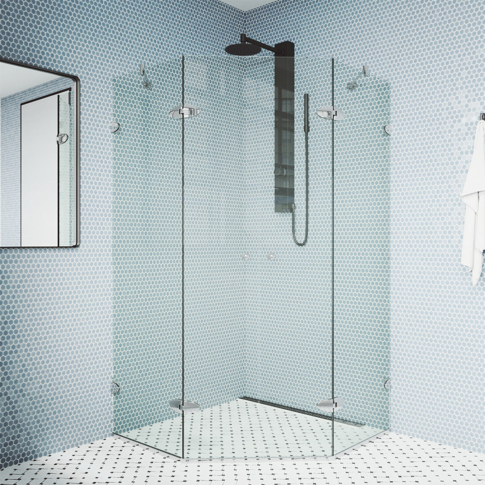 VIGO Gemini Frameless Hinged Neo-Angle Shower Enclosure, Chrome, 48" D X 47" W, Without Base