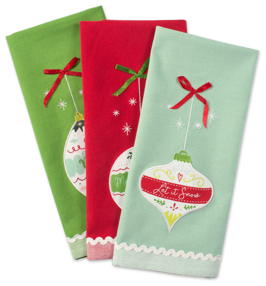 Assorted Holiday Ornaments Embellished Dishtowel, Set Of 3