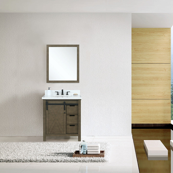 Marsyas 30" Vanity, White Square Sink and 28" Mirror, Rustic Brown