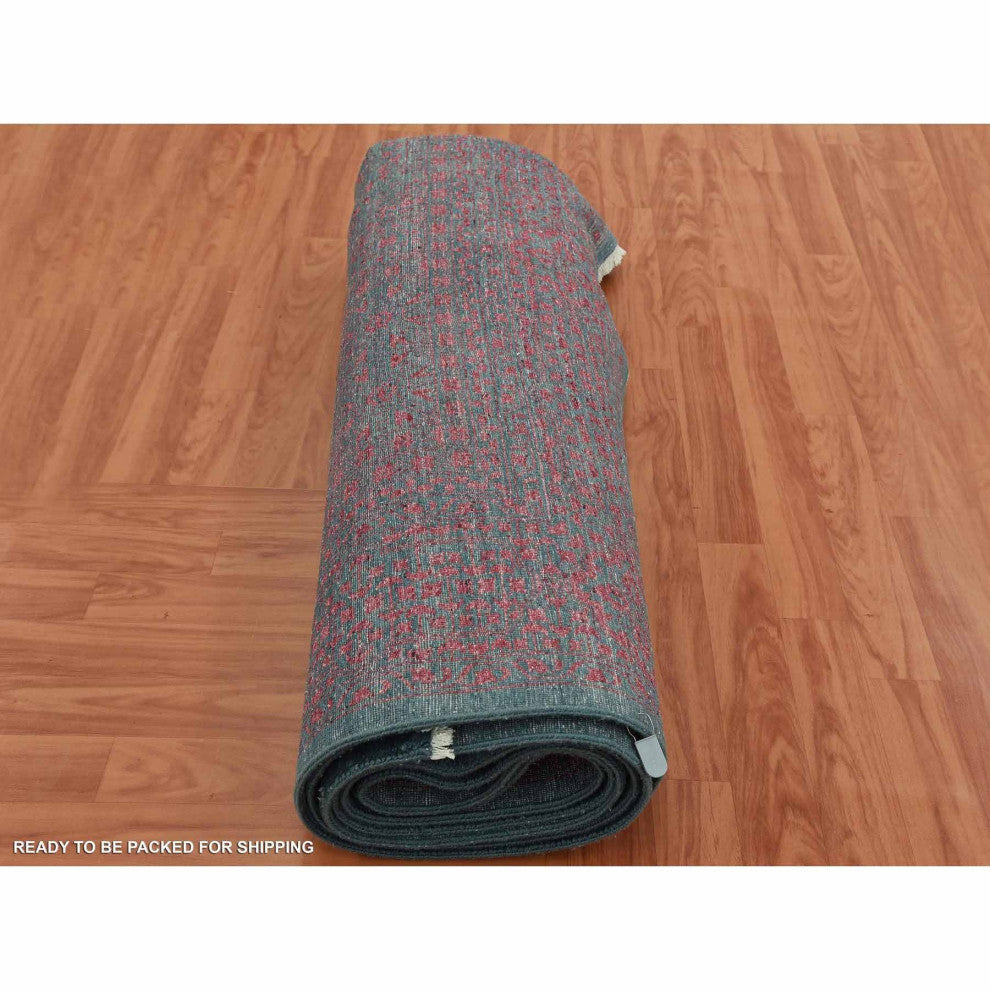 Dark Green Obscured Mamluk Design Wool and Silk Hand Knotted Rug, 8'0"x9'9"