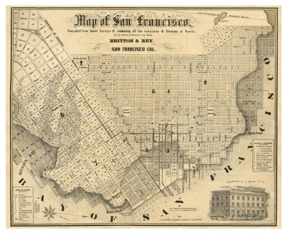 "Map of San Francisco, 1852" Digital Paper Print by Britton and Rey, 18"x15"