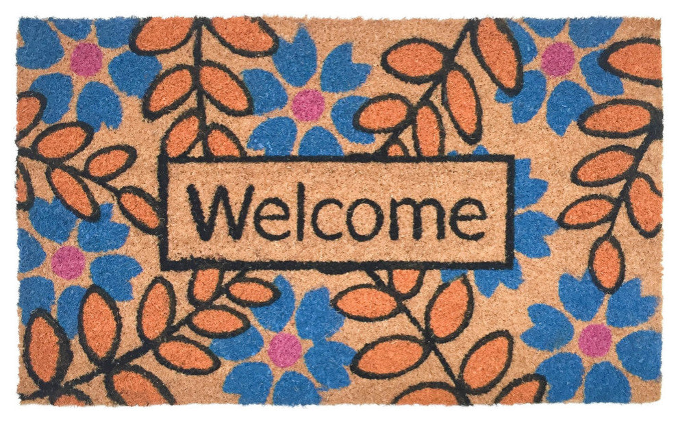 Welcome Flower Leaves Vinyl Back Doormat 18"x30"