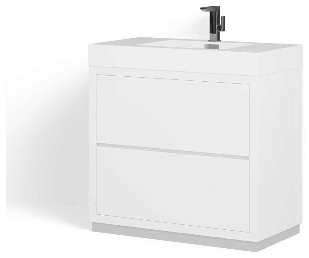 Boutique Bath Vanity, High Gloss White, 36", Single Sink, Freestanding